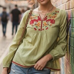 Ethnic Fusion‎ $42 Small Green Floral Embroidered Long Sleeve Boho Peasant Top